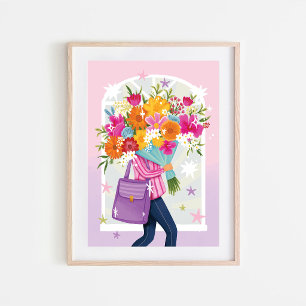 Frau mit Blumenstrauß Farbige Illustration Poster