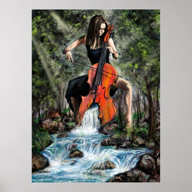 Frau mit Cello in Nature Poster - Malerei (Vorne)