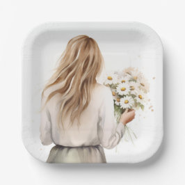 Frau mit Daisy Bouquet Pappteller