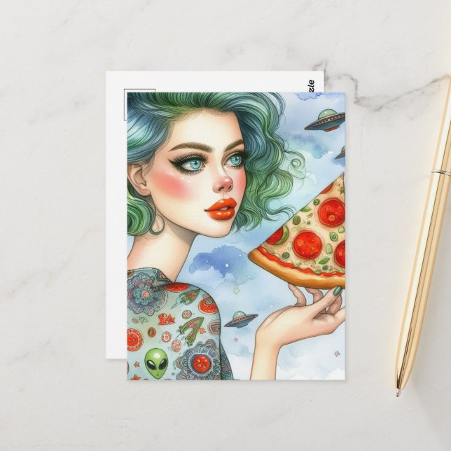 Frau mit einem großen Stück Pizza und UFOs Postkarte (Vorderseite/Rückseite Beispiel)