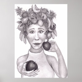 Frau mit einem Hut aus Obst, das dem Betrachter an Poster