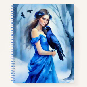 Frau mit einem Raben, in einem Snowy Forest Journa Notizbuch