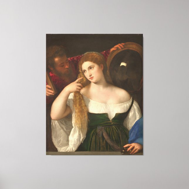 Frau mit einem Spiegel von Tizian Leinwanddruck (Vorderseite)