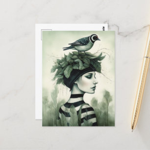 Frau mit einem Vogel auf ihrem Kopf Postkarte