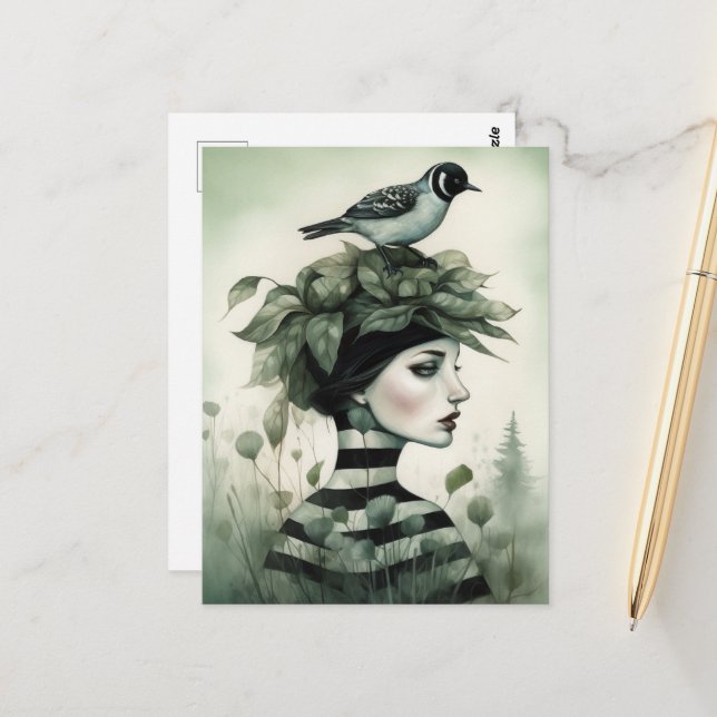 Frau mit einem Vogel auf ihrem Kopf Postkarte (Vorderseite/Rückseite Beispiel)