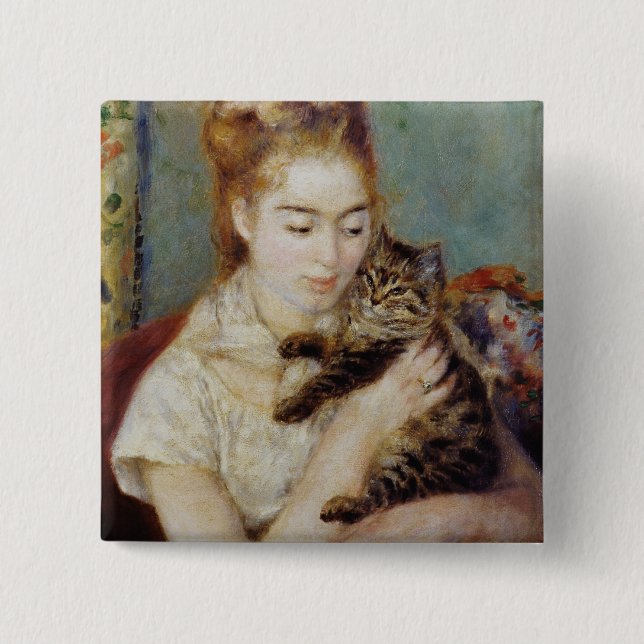 Frau mit einer Katze durch Pierre-Auguste Renoir Button (Vorderseite)