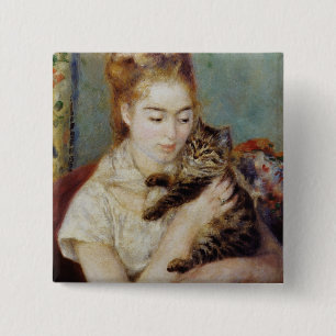 Frau mit einer Katze durch Pierre-Auguste Renoir Button