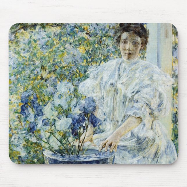 Frau mit einer Vase mit Schwertlilien Mousepad (Vorne)