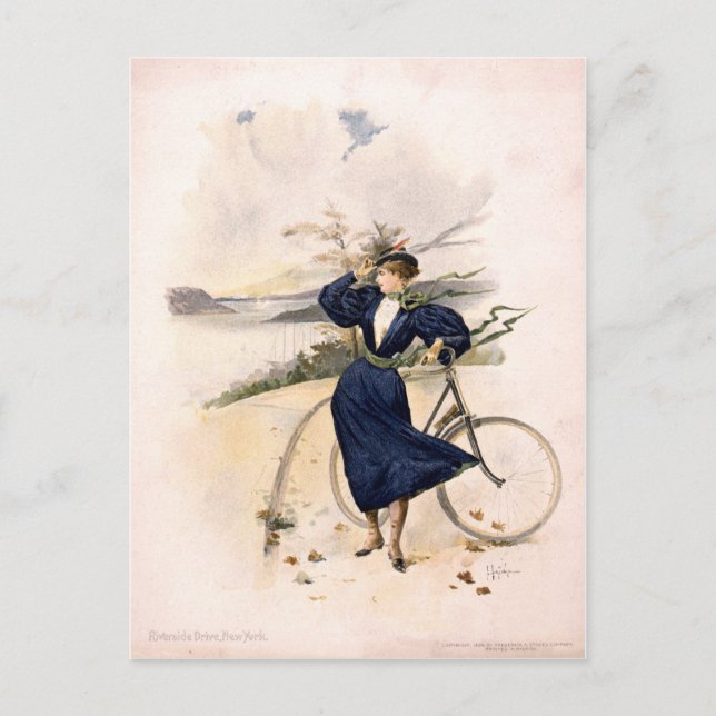 Frau mit Fahrrad am Riverside Drive, New York Postkarte (Vorderseite)