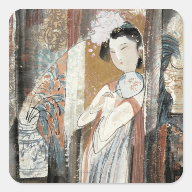 Frau mit Floral Hairpin Quadratischer Aufkleber (Vorderseite)