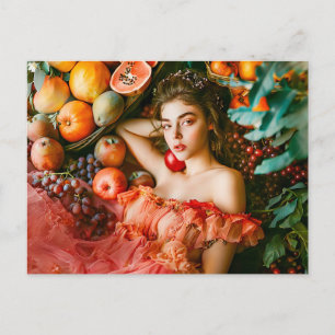 Frau mit Früchten und Blumen im Porträtstil Postkarte