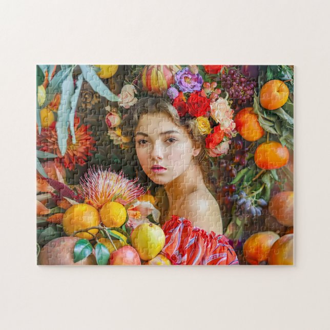 Frau mit gemischten Früchten und Blumendekor (Horizontal)