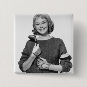 Frau mit Golfschläger Button