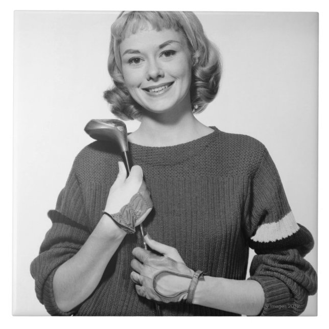 Frau mit Golfschläger Fliese (Vorderseite)