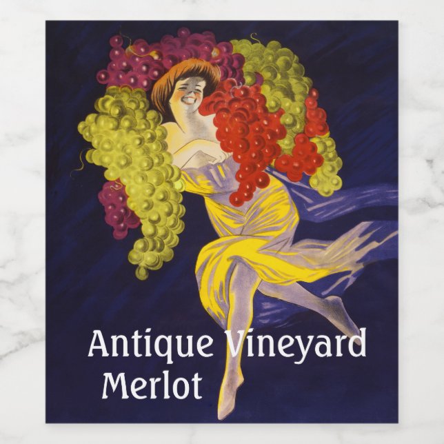 FRAU MIT GRAPEN, VINEYARD HARVEST Jugendstil Weinetikett (Einzelnes Label)