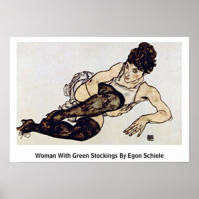 Frau mit grünen Strümpfen von Egon Schiele Poster (Vorne)