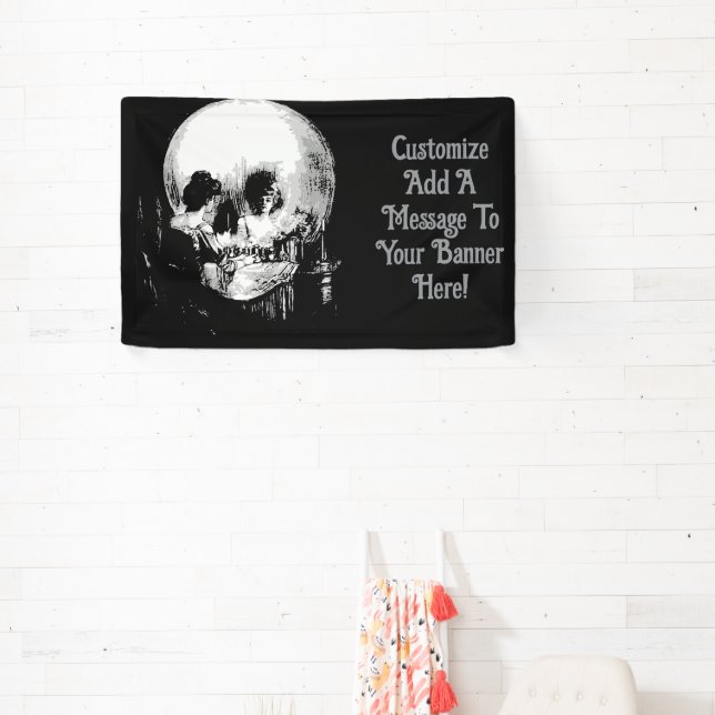 Frau mit Halloween-Schädelspiegelung im Spiegel Banner (InSitu)
