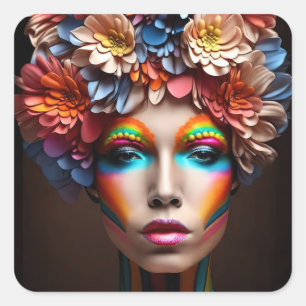 Frau mit hellem Make-up und Blume-Kronen Quadratischer Aufkleber