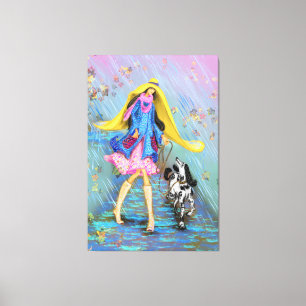 Frau mit Hund im Regen Leinwandbild Herbst Leinwanddruck