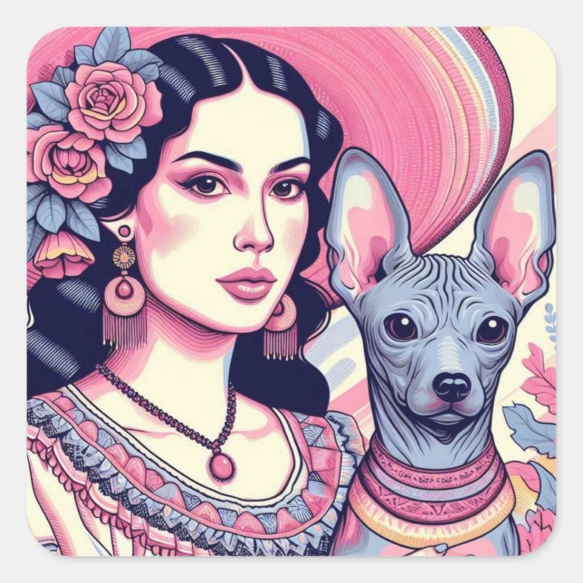 Frau mit ihrem Xolo Mexican Hairless Dog Quadratischer Aufkleber (Vorderseite)