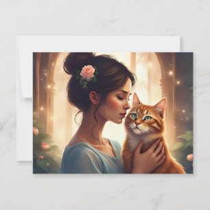 Frau mit ihrer Orange Cat Postkarte