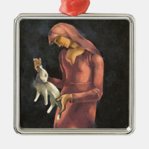 Frau mit Kaninchen Ornament Aus Metall