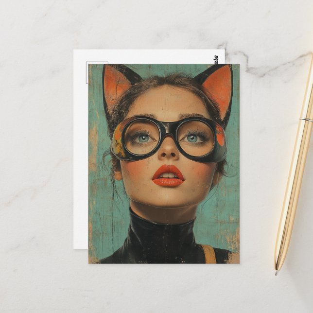 Frau mit Katzenohren  Postkarte (Vorderseite/Rückseite Beispiel)
