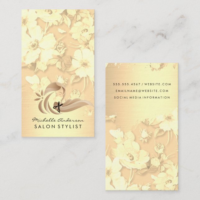 Frau mit langer Haare | Salon Scissors | Blumen Visitenkarte (Vorne/Hinten)