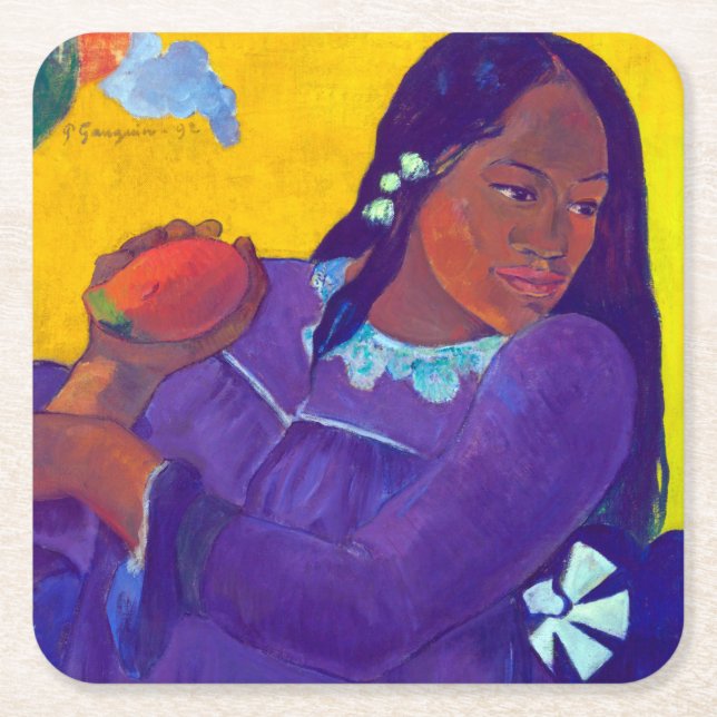 Frau mit Mango, Gauguin Rechteckiger Pappuntersetzer (Vorderseite)