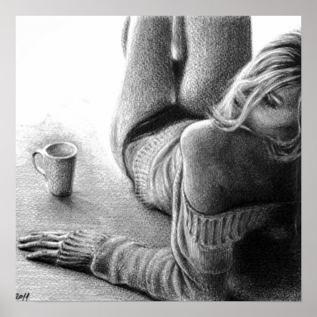 Frau mit Morgencaffee Bleistiftzeichnung Kunst Poster (Vorne)