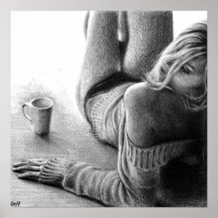 Frau mit Morgenkaffee Stift zeichnend Kunst Poster