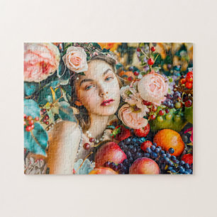 Frau mit Obst und floraler Rosen-Dekoration