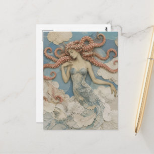 Frau mit Oktopushaaren in der Wolken-Collage Postkarte