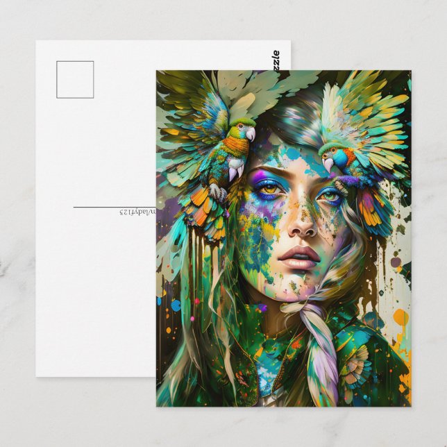 Frau mit Papagei, Postkreuz Postkarte (Vorne/Hinten)