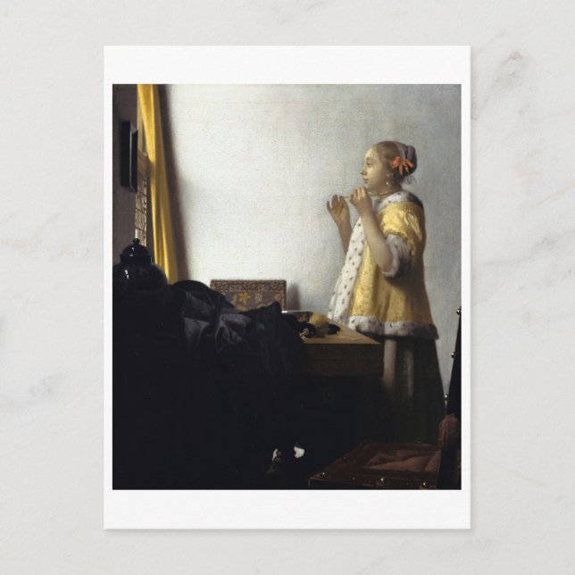 Frau mit Pearl Necklace von Johannes Vermeer Postkarte (Vorderseite)