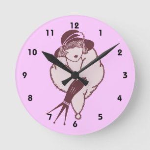 Frau mit Pelzstola Art Deco Runde Wanduhr