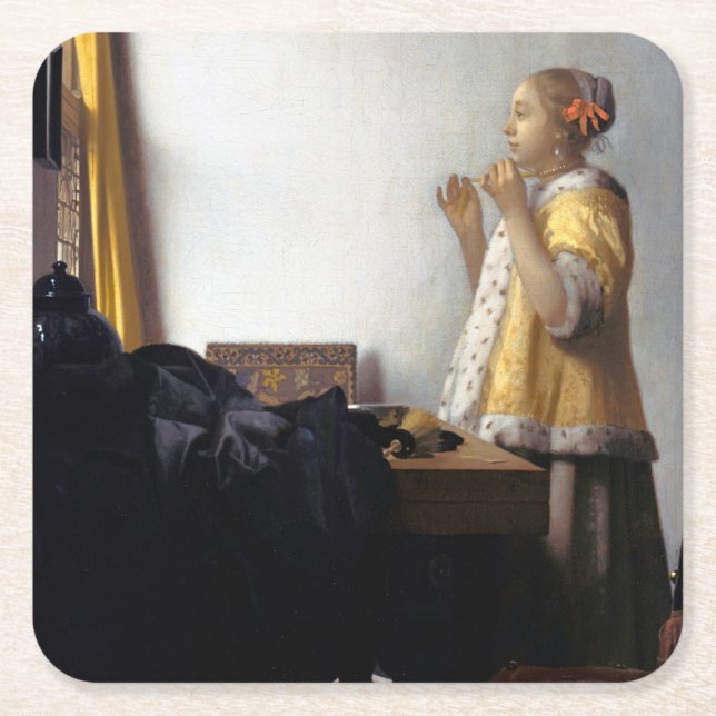 Frau mit Perlenschnur, Johannes Vermeer Rechteckiger Pappuntersetzer (Vorderseite)