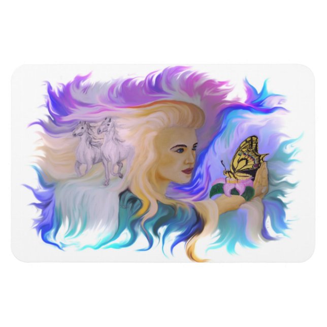 Frau mit Pferd und Schmetterling Magnet (Horizontal)