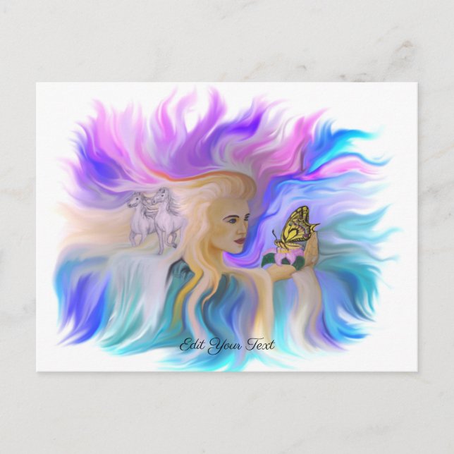 Frau mit Pferd und Schmetterling Postkarte (Vorderseite)