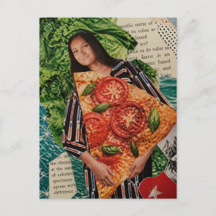 Frau mit Pizzastück Mixed Media Collage Postkarte