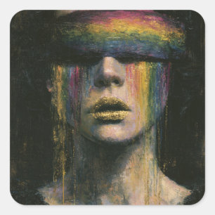 Frau mit Regenbogenblindfold Quadratischer Aufkleber