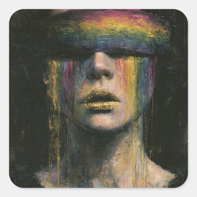 Frau mit Regenbogenblindfold Quadratischer Aufkleber (Vorderseite)
