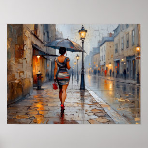 Frau mit Regenschirm Regnerische Straßenkunst Poster