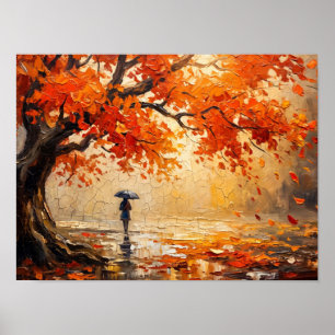 Frau mit Regenschirm unter rotem Herbstbaum Poster