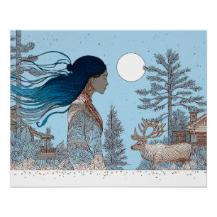 Frau mit Rentieren im Schnee durch Blockhütte Poster