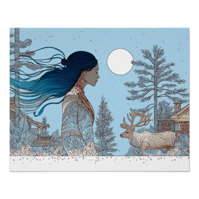 Frau mit Rentieren im Schnee durch Blockhütte Poster (Vorderseite)