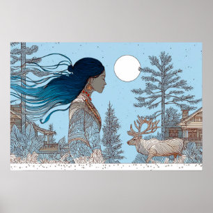 Frau mit Rentieren im Schnee durch Blockhütte Poster