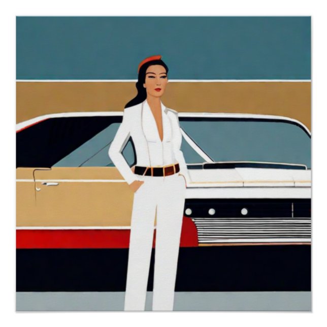 Frau mit Retro-Auto Poster (Vorderseite)