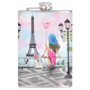 Frau mit rosa Ballon in Paris Flask Flachmann