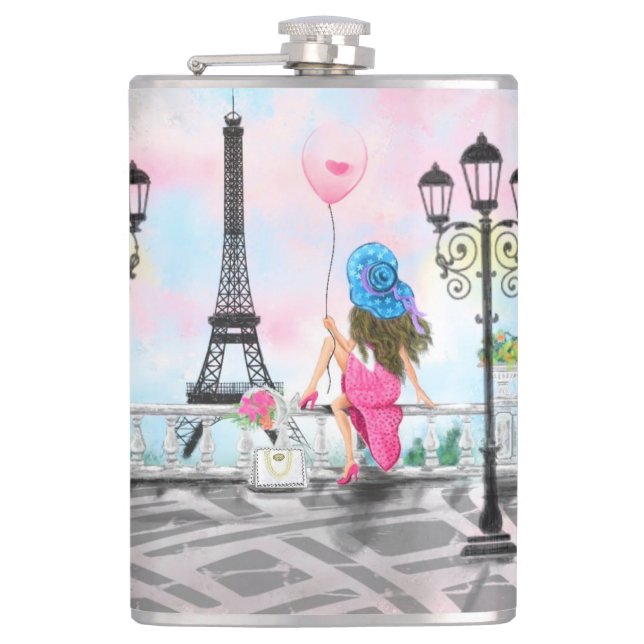 Frau mit rosa Ballon in Paris Flask Flachmann (Vorderseite)